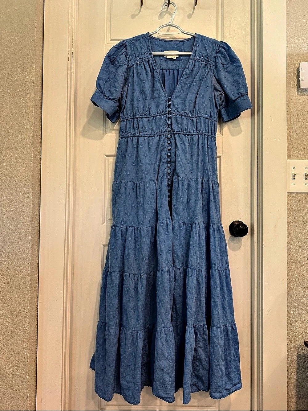Anthropologie Blue Swiss Dot Tiered Maxi Dress Puff Sleeve Button Front M